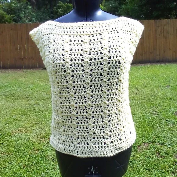 Handed Crafted Peacock Shell Top, Color Cream, Size Large. - Picture 1 of 4